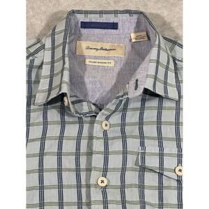Tommy Bahama Shirt Mens Medium  Button Up Shirt Green Linen Blend Casual‎ Check